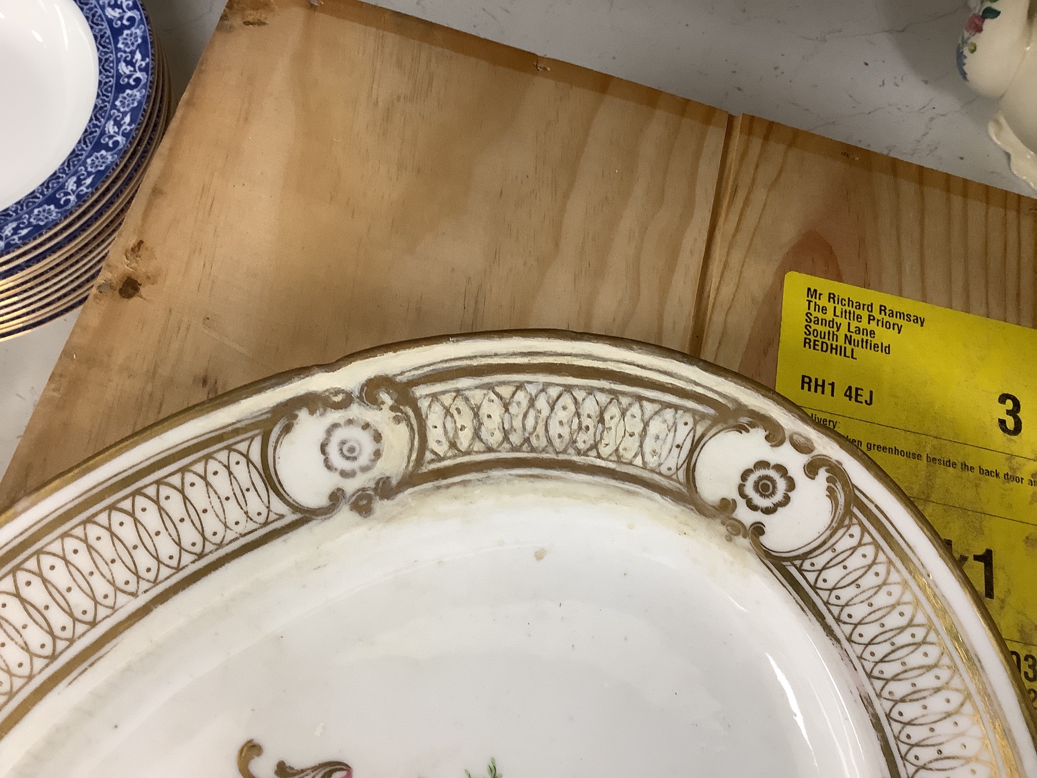 Three early 19th century Chamberlain Imari style plates after the Yeo service, two Barr Flight Barr marble ground saucer dishes and a rare Chamberlain armorial, the largest 35cm wide